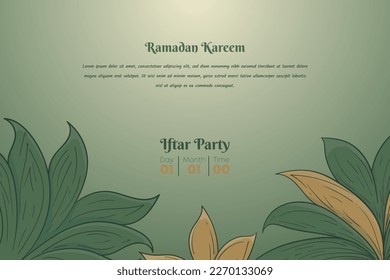 Ramadan kareem template with hand drawn of green and brown leaves design
