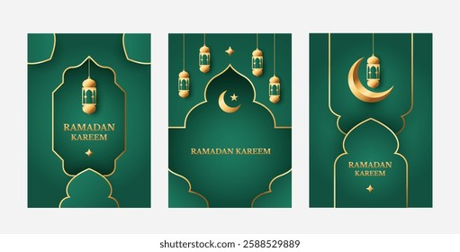 Ramadan kareem template for poster, social media promotion, banner with golden crescent moon and lantern.