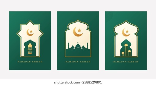 Ramadan kareem template for poster, social media promotion, banner with mosque, golden crescent moon and lantern.