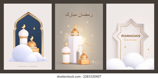 Ramadan kareem template set. 3d muslim banner with islam golden arch, mosque, clouds and arabic calligraphy. Vector cartoon ramadhan holiday illustration