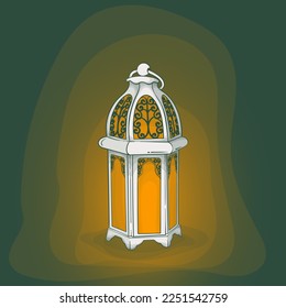 Ramadan kareem template with shining lantern in cartoon design and green background