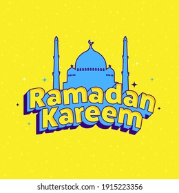 Ramadan Kareem Text With Blue Mosque On Yellow Background For Celebration Concept.