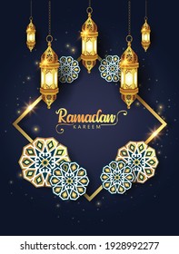 Ramadan Kareem text or Calligraphy. Black and golden template with lantern hanging. Islamic elegant background. vector illustration	