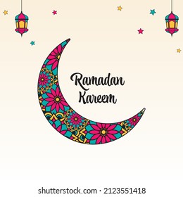 Ramadan Kareem Text With Colorful Floral Crescent Moon, Stars And Arabic Lanterns Hang On Cosmic Latte Background. 