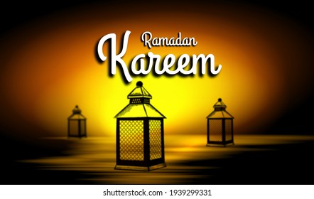 Ramadan kareem text deign with lanterns, background