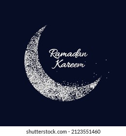 Ramadan Kareem Text With Flat Glitter Or Dots Effect Crescent Moon On Blue Background.