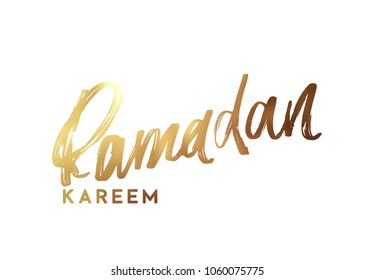 Ramadan Kareem. Text golden handwritten calligraphy. Lettering isolated on white background