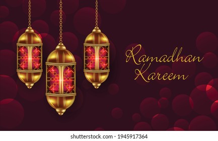 ramadan kareem text greeting with 3d islamic gold lantern on bokeh blurred background