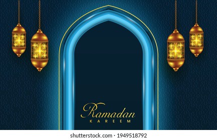 fondo de bienvenida de texto ramadan kareem con linterna dorada realista