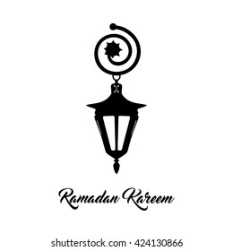Ramadan Kareem text greeting logo Eastern forged Arabic lamp on a white background hand-drawn calligraphy lettering with vintage pattern. Vector illustration EPS 10