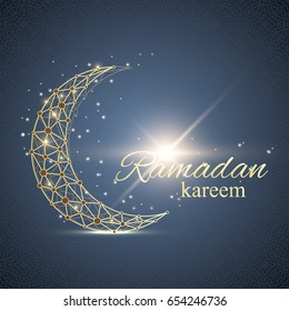 Ramadan Kareem text greetings background. Golden moon made from connected line and dots.Black background with golden moon decoration. Eid Mubarak celebration. Vector illustration
