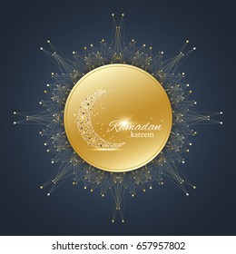 Ramadan Kareem text greetings background. Golden moon made from connected line and dots.Black background with golden mandala decoration. Eid Mubarak celebration. Vector illustration