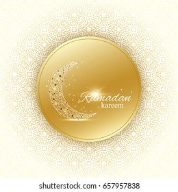 Ramadan Kareem text greetings background. Golden moon made from connected line and dots.Golden background with mandala decoration. Eid Mubarak celebration. Vector illustration