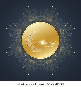 Ramadan Kareem text greetings background. Golden moon made from connected line and dots.Black background with golden mandala decoration. Eid Mubarak celebration. Vector illustration