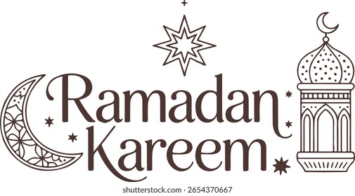 Ramadan Kareem Text Illustration with Crescent Moon Star Lantern and Decorative Elements