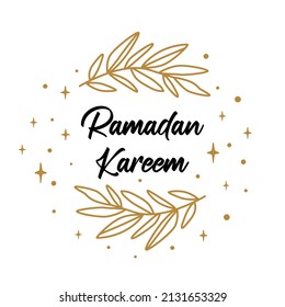 Ramadan Kareem text into stras and branch graphic element. Isolated islamic logo. Celestial symbol for Ramadan. Gold muslim vector illustration. Arabic holiday lettering graphic design. Phrase