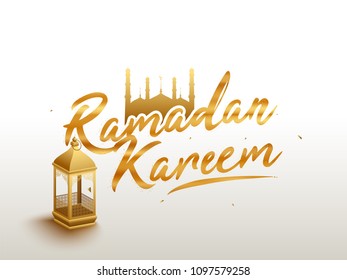 Ramadan Kareem text with lantern and mosque.