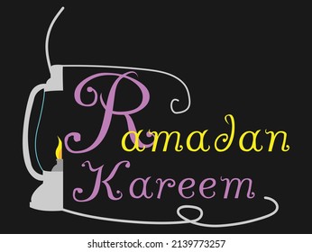 Ramadan Kareem texto con una linterna, arte tipográfico, cartel, logo, anuncio de Ramadán, arte islámico para el mes de Ramadán