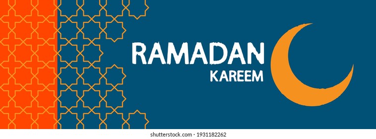 Ramadan Kareem texto en medio y en media luna.      Anuncios de Ramadan Kareem, volante, invitación, tarjeta de saludo.
