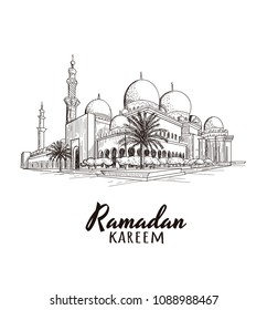  Ramadan Kareem text with mosque. Vector illustration. Ramadan Mosque skech