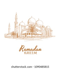 Ramadan Kareem text with mosque. Vector illustration. Ramadan Mosque skech