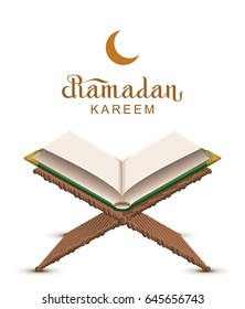 Ramadan Kareem text and open book Koran. Isolated on white vector illustration greeting card