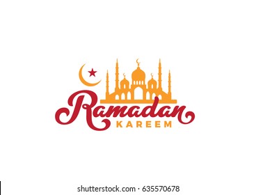 Ramadan Kareem text Vector Lettering greeting card design template.
Vintage retro calligraphic typography poster with Moon and Mosque.