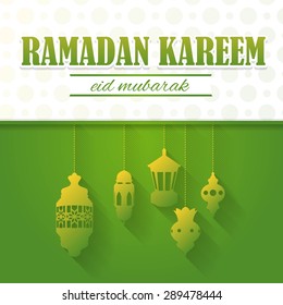 Ramadan Kareem Theme Background Green Colors Design, Flat Style Hanging Lamps and Lantern. - Arabic "Eid Mubarak", "be Blessed" at English