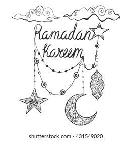 Ramadan Kareem theme. Hand drawn vector illustration with flashlights, crescent, clouds, stars and lettering. Beautiful greeting card.