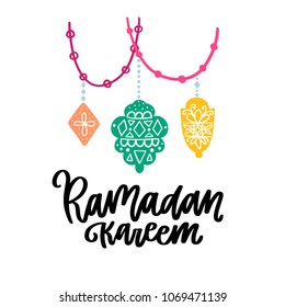 Ramadan Kareem theme. Vector card with flashlights and lettering. Hand drawn illustration with lamps.