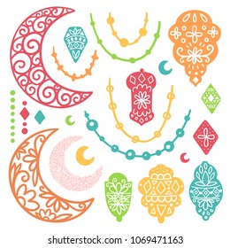 Ramadan Kareem theme. Vector card with flashlights and moon. Hand drawn illustration with lamps and crescent.