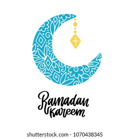 Ramadan Kareem theme. Vector card with flashlights, moon and lettering. Hand drawn illustration with lamps and crescent.