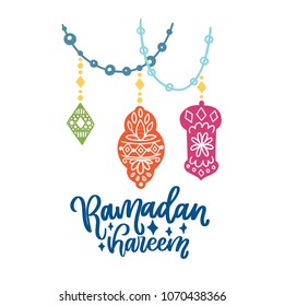 Ramadan Kareem theme. Vector card with flashlights and lettering. Hand drawn illustration with lamps.