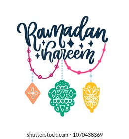 Ramadan Kareem theme. Vector card with flashlights and lettering. Hand drawn illustration with lamps.