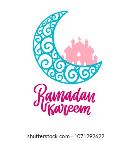 Ramadan Kareem theme. Vector card with moon and lettering. Hand drawn illustration with crescent.