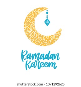 Ramadan Kareem theme. Vector card with flashlights, moon and lettering. Hand drawn illustration with lamps and crescent.