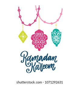 Ramadan Kareem theme. Vector card with flashlights and lettering. Hand drawn illustration with lamps.
