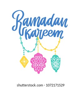 Ramadan Kareem theme. Vector card with flashlights and lettering. Hand drawn illustration with lamps.