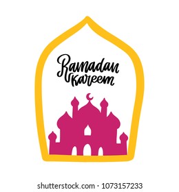 Ramadan Kareem theme. Vector card with miechiet and lettering. Hand drawn illustration with calligraphy.