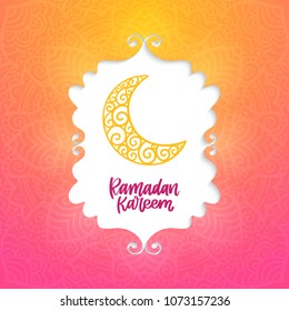 Ramadan Kareem theme. Vector card with moon and lettering. Hand drawn illustration with crescent.