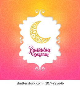Ramadan Kareem theme. Vector card with moon and lettering. Hand drawn illustration with crescent.