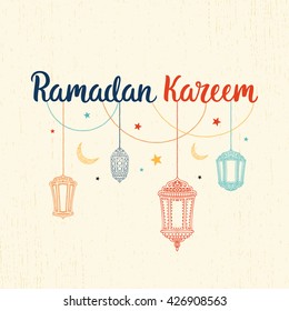 Ramadan Kareem theme. Vector card with lanterns, moon and lettering. Hand drawn illustration with lamps and crescent.