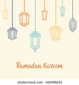 Ramadan Kareem theme. Vector card with lanterns and lettering. Hand drawn illustration with lamps.