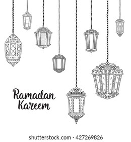Ramadan Kareem theme. Vector card with flashlights and lettering. Hand drawn illustration with lamps.
