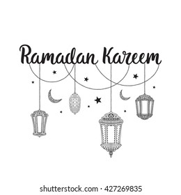 Ramadan Kareem theme. Vector card with flashlights, moon and lettering. Hand drawn illustration with lamps and crescent.