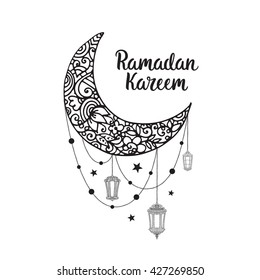 Ramadan Kareem theme. Vector card with flashlights, moon and lettering. Hand drawn illustration with lamps and crescent.
