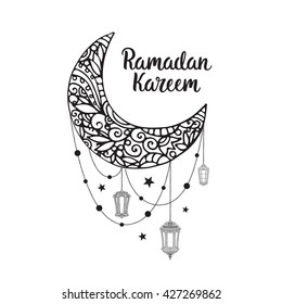 Ramadan Kareem theme. Vector card with flashlights, moon and lettering. Hand drawn illustration with lamps and crescent.