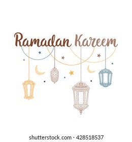 Ramadan Kareem theme. Vector card with flashlights, moon and lettering. Hand drawn illustration with lamps and crescent.