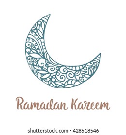 Ramadan Kareem theme. Vector card with moon and lettering. Hand drawn illustration with crescent.