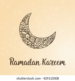Ramadan Kareem theme. Vector card with moon and lettering. Hand drawn illustration with crescent.